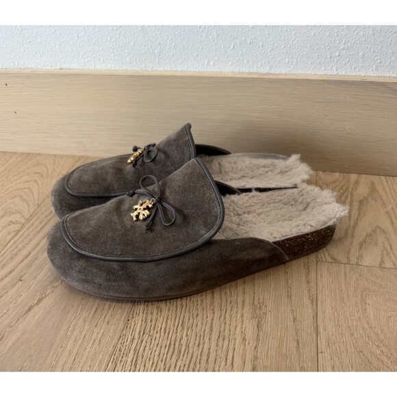 Tory Burch Shoes - Tory Burch 10 Women’s Slip On Shoes Leather Suede Charm Mule Brown Shearling